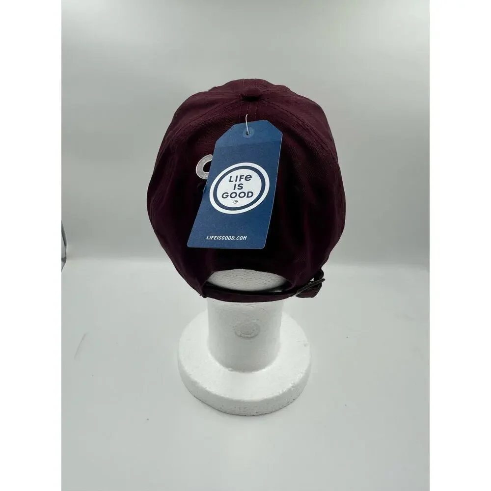 NWT Life Is Good Strapback Hat Cap Beach Golf Relax Maroon Blue Words